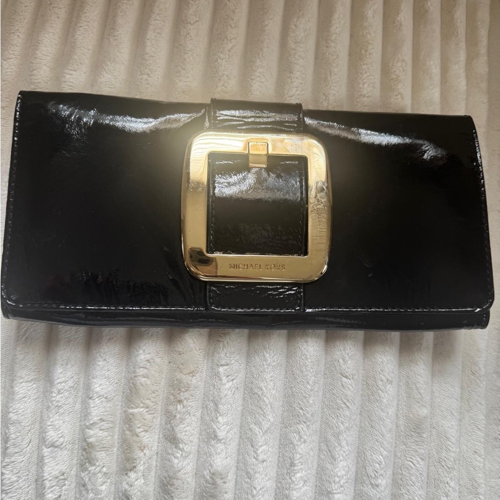 Michael Kors Black Patent Leather Clutch with Gold Buckle